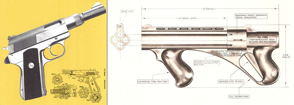 Wildey pistol prototype Wildey pistol left bellmore johnson 1974 drawing on right
