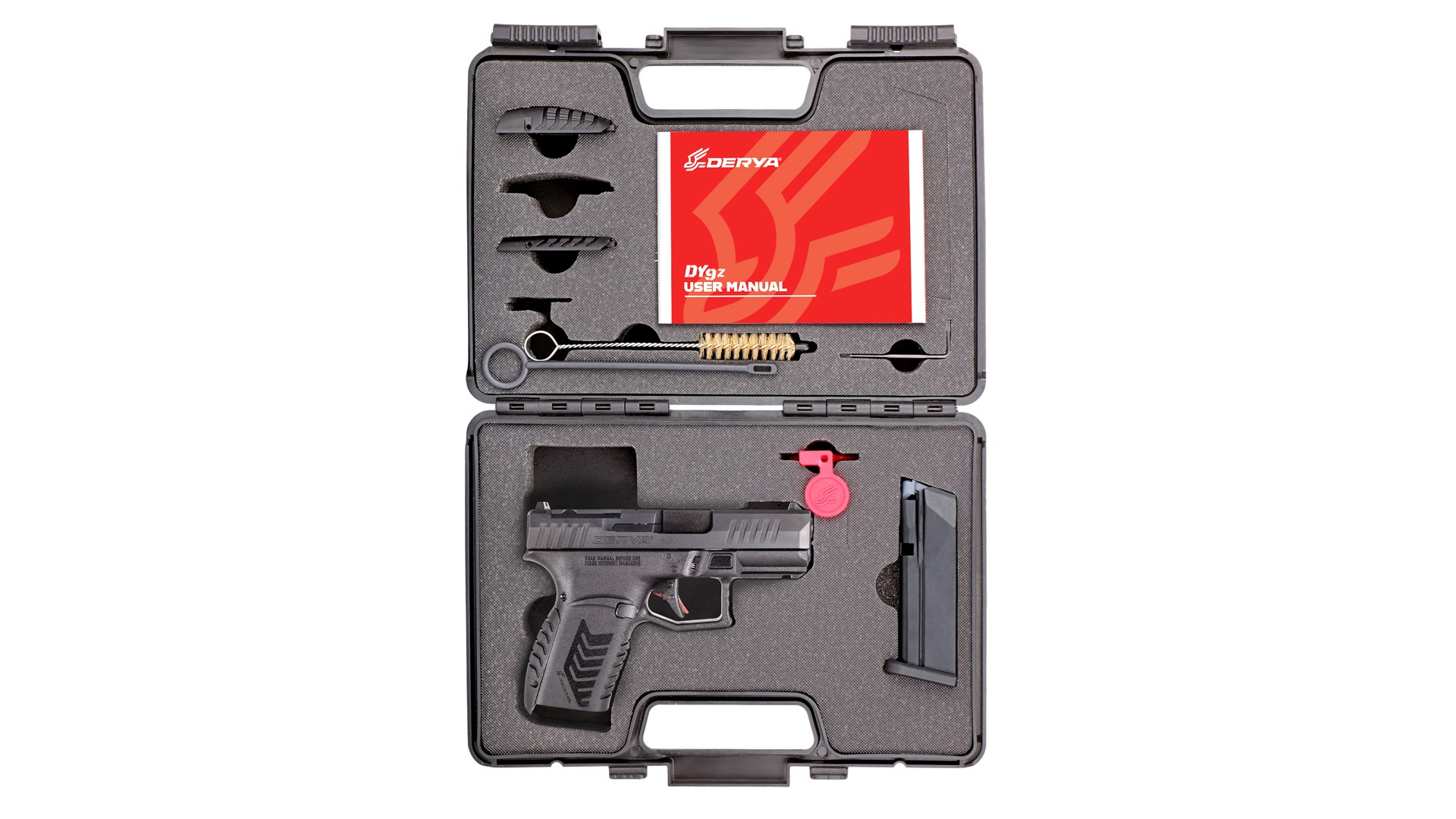 A Derya Arms DY9Z shown inside of a hard, plastic case, next to a magazine, cleaning supplies and other accessories.