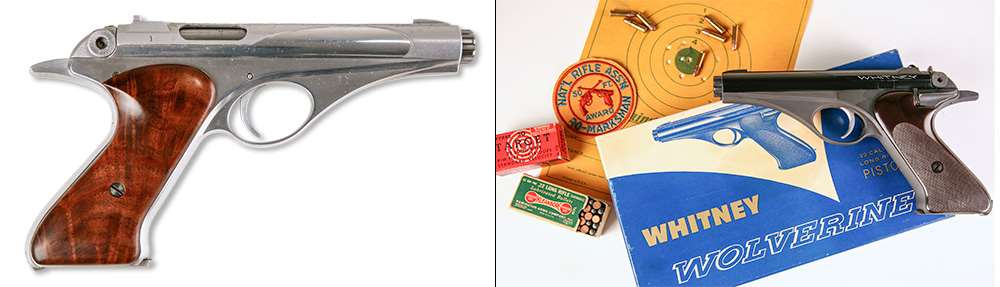 Whitney Wolverine- stainless steel 22 lr pistol shown on left and blued steel version on the right shown with catalog target ammunition and NRA Patch