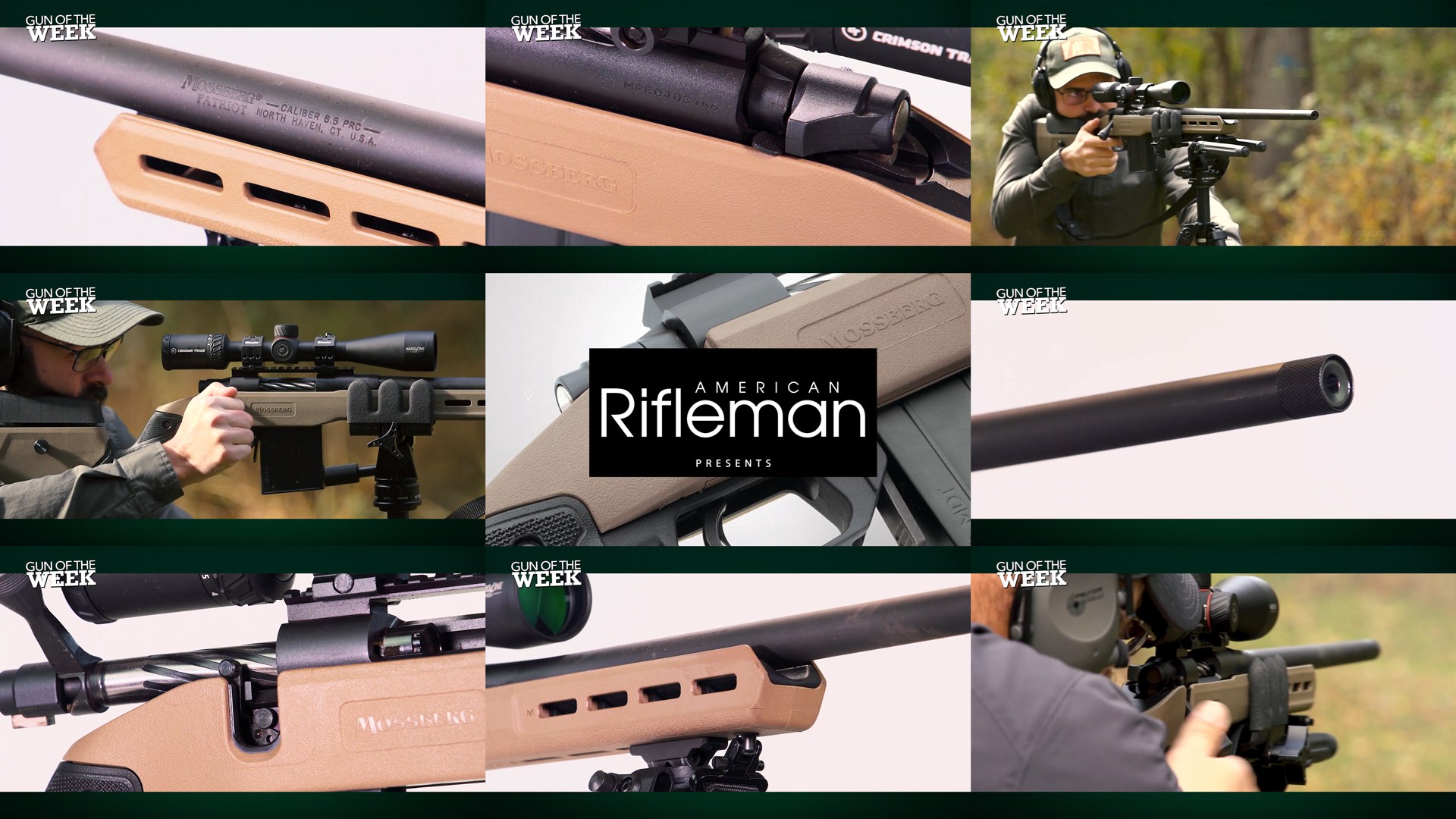 9 image arrangement mosaic tiles Mossberg Patriot LR Tactical bolt-action rifle in use shooting men detail close-up gun parts AMERICAN RIFLEMAN text on image
