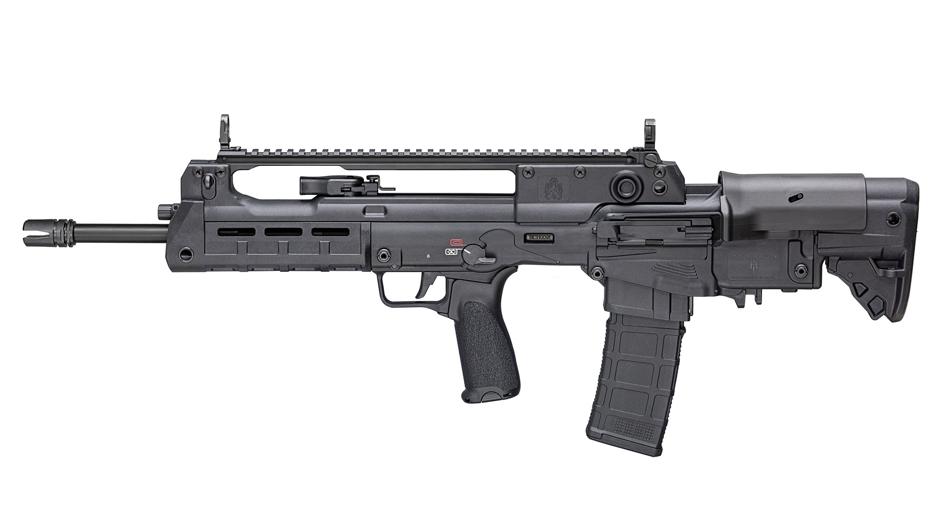 Left side of the Springfield Armory Hellion bullpup rifle shown on white.