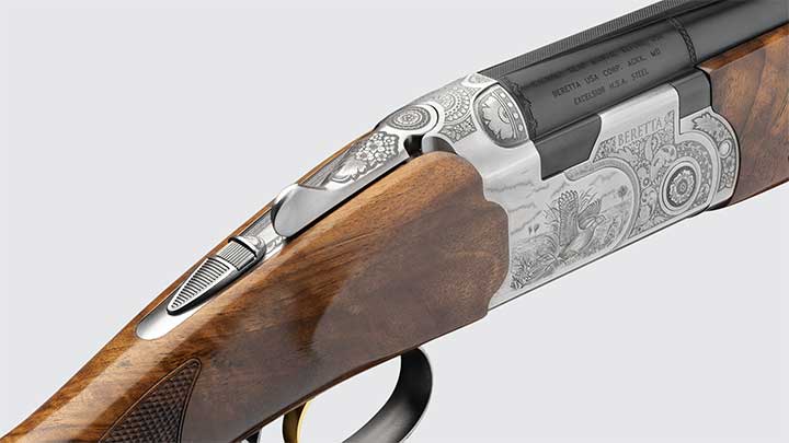 A view of the engravings and features on the top of the Beretta 687 Silver Pigeon III.
