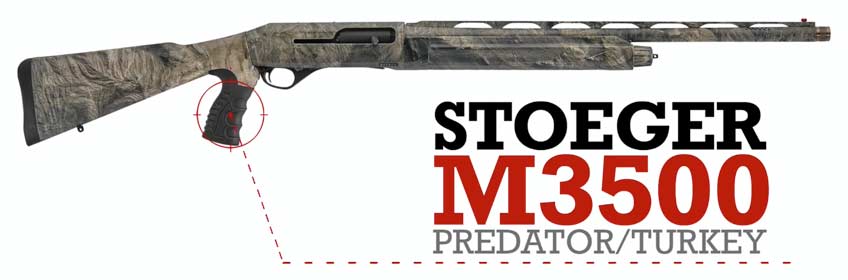 Right side camouflage shotgun with text on image noting make and model &quot;Stoeger M3500 Predator/Turkey&quot;
