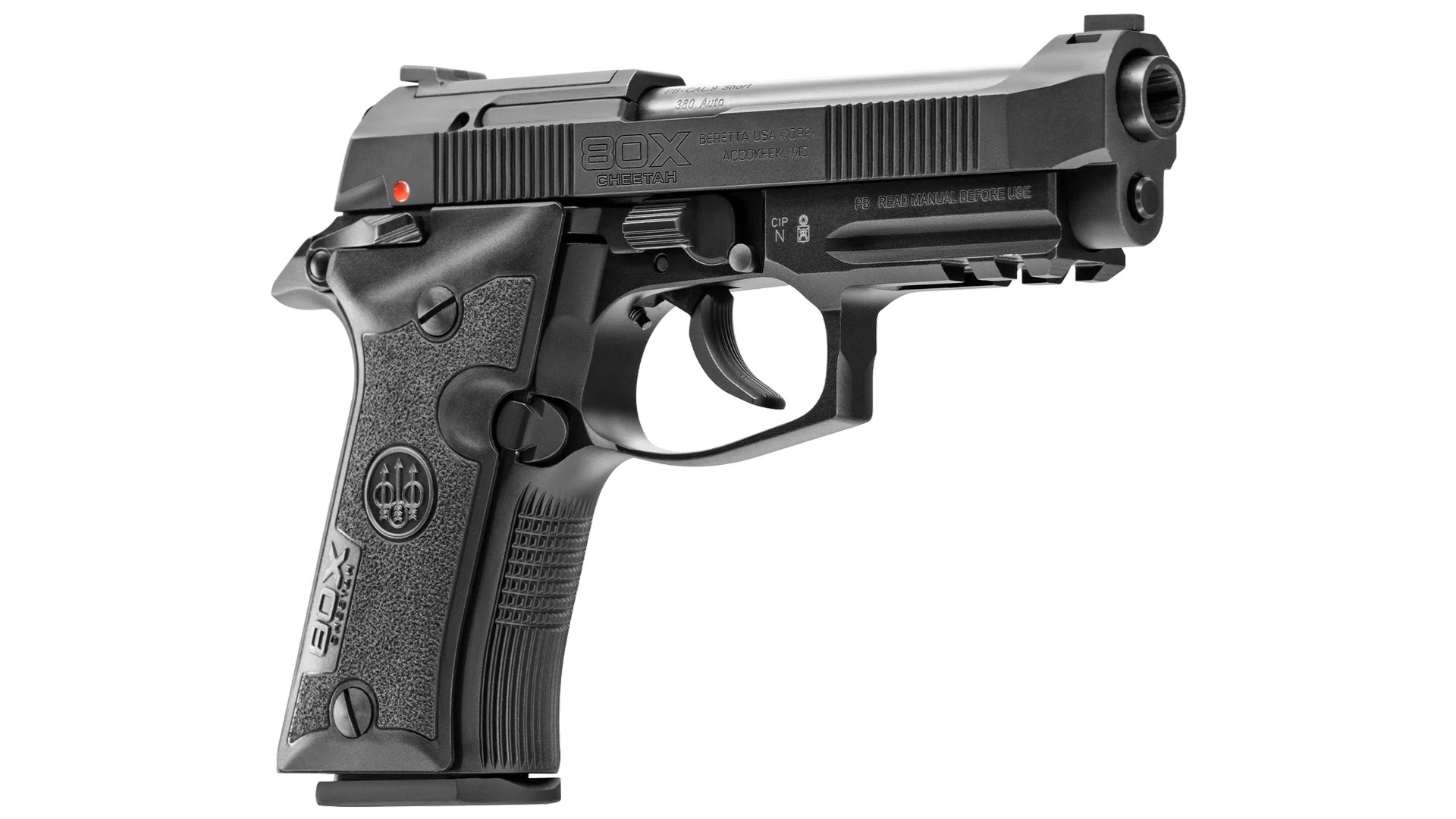 Beretta 80X Cheetah handgun pistol .380 ACP gun dynamic quarter angle right side on white black metal