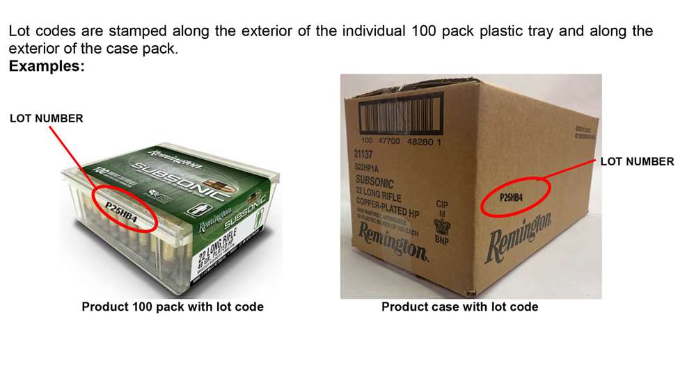 Remington Ammunition safety recall bulletin advisory boxes showing where to find LOT information text on image