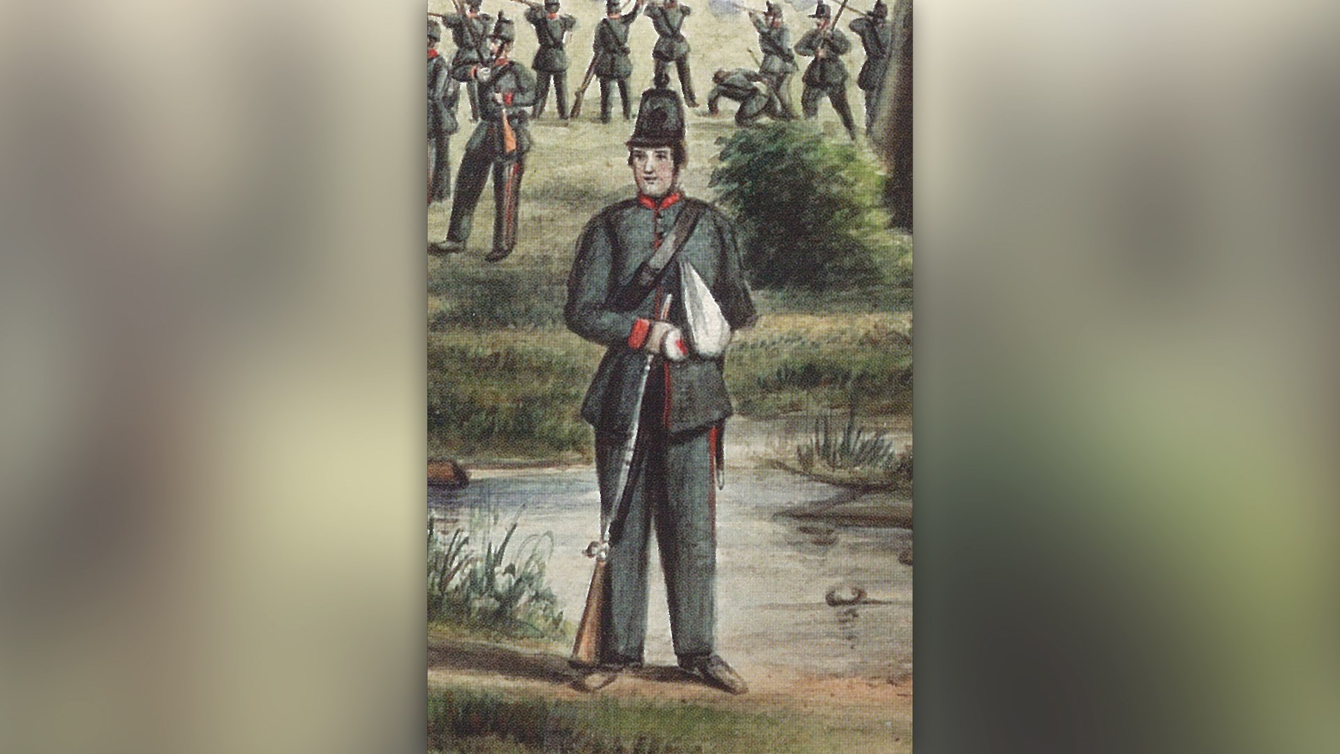 While it is certain that Copp was wounded while firing his M1865 Spencer rifle, and that it was later repaired by John Hamilton, the scrap of paper with Hamilton’s initials “JH ”on it is the missing piece of evidence that would confirm its provenance. From the Erichsen painting in the book, First Hand Accounts of the 1866 Fenian Raid and Battle of Ridgeway, courtesy of the Fort Erie Museum, Ontario, Canada.
