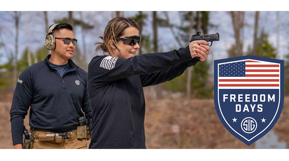 man woman outdoors shooting gun pistol handgun right-side view tactical instructor "FREEDOM DAYS SIG"