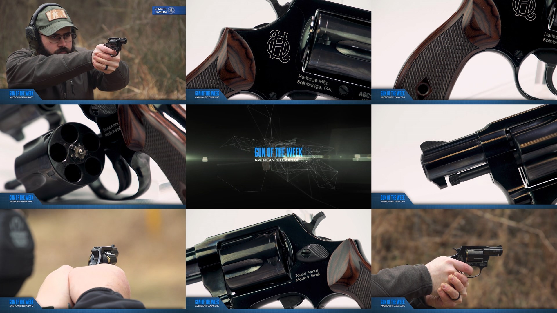 GUN OF THE WEEK AMERICANRIFLEMAN.ORG text on images 9 photos arrangement mosaic tiles man shooting Heritage Roscoe revolver snub-nose gun