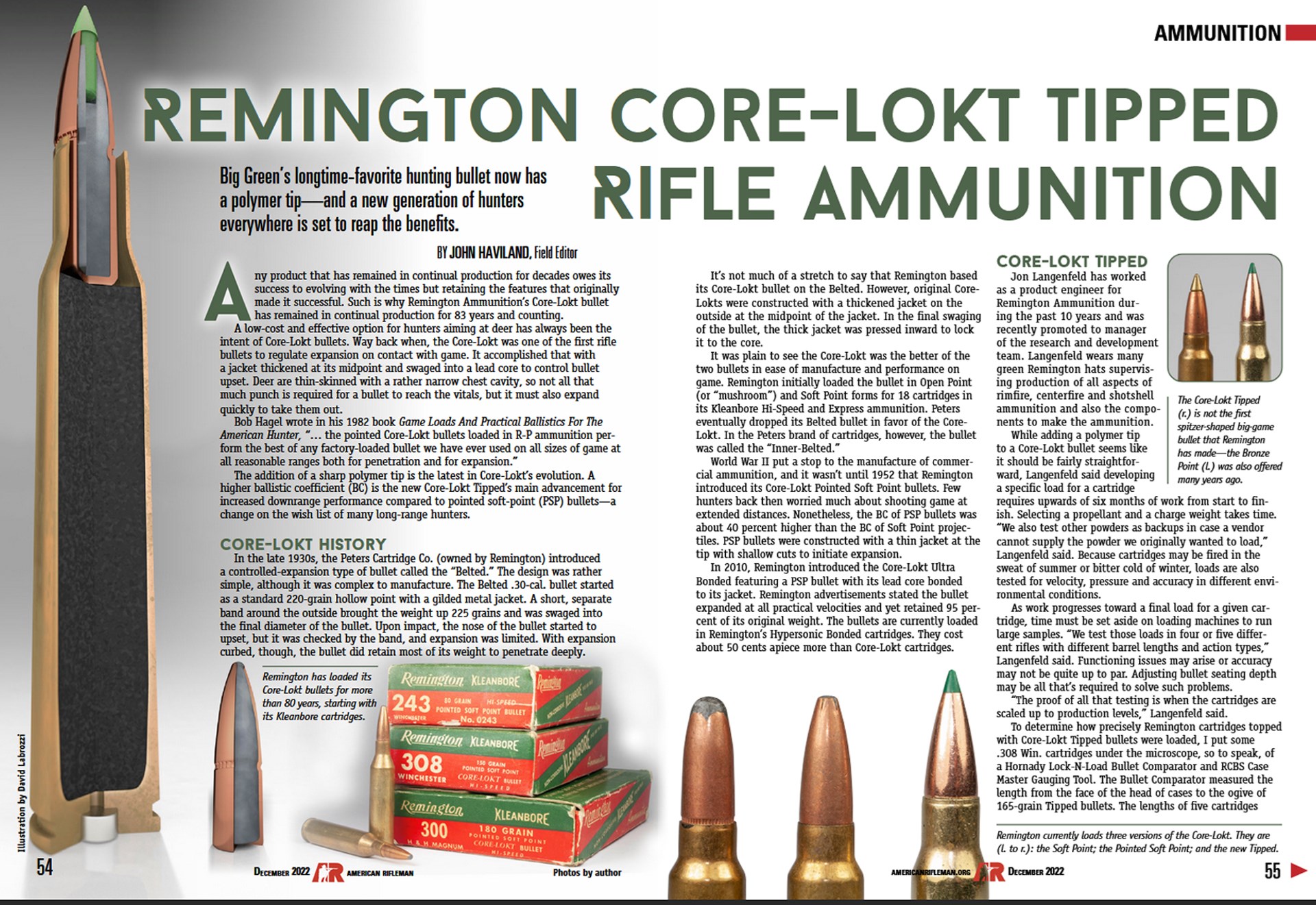 Magazine article screenshot text on image "REMINGTON CORE-LOKT TIPPED RIFLE AMMUNITION" by John Haviland about new bullets hunting rifles
