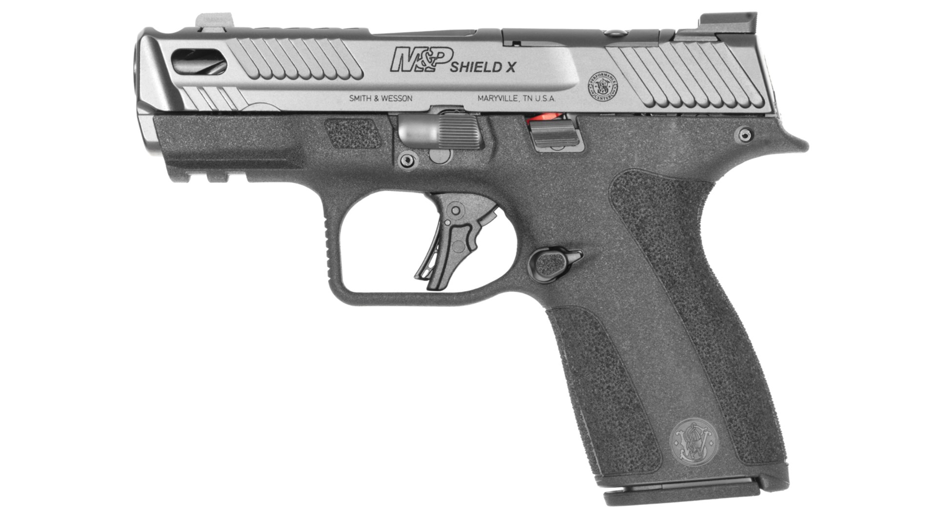 Left side of the Smith & Wesson Shield X Carry Comp handgun.