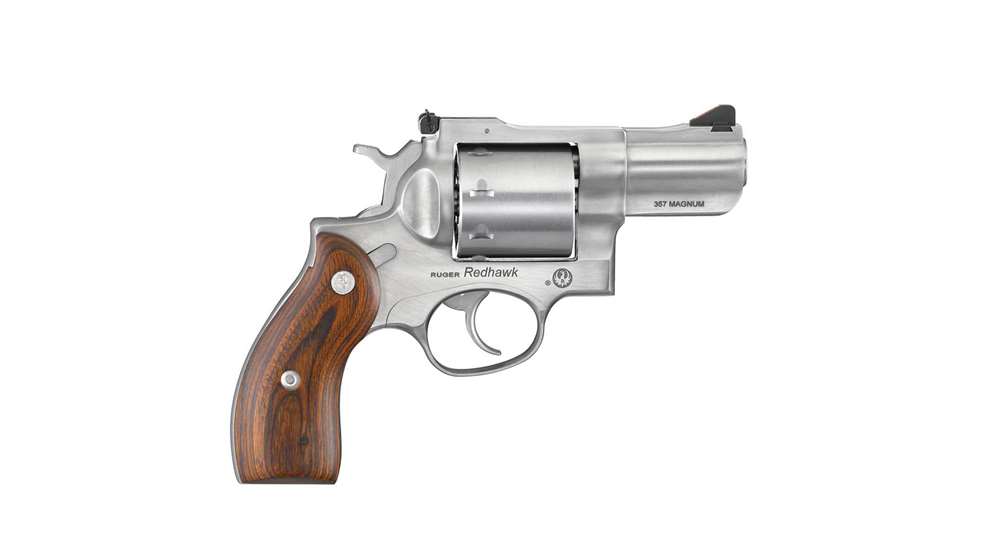 Ruger Redhawk stainless steel double-action revolver right-side view wood brown grip stocks