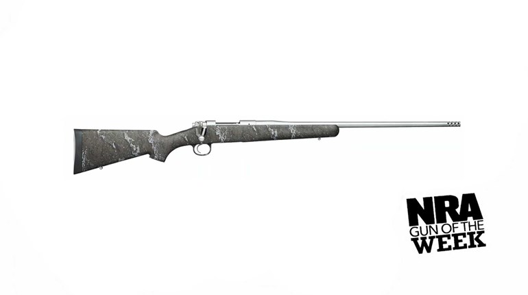 Kimber America 84M Pro Desolve Blak bolt-action rifle right-side view camouflage stock silver stainless steel barrel NRA GUN OF THE WEEK text