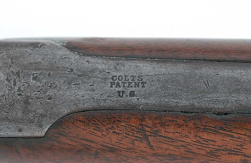 The first of the 1855 Colt revolving rifles purchased by the U.S. government in 1857 were six shot .44-caliber repeaters. This example was marked “colt’s patent” over “u.s.” on the rifle’s’ tang.