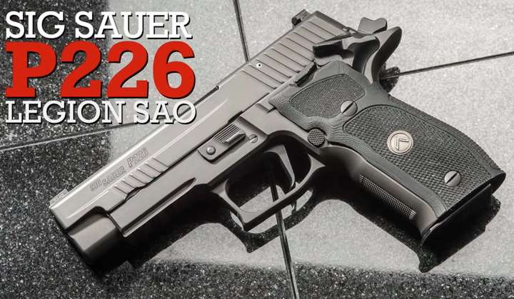 Gray pistol shown on black tiles with text on image notaing make and model of the SIG Sauer P226 Legion SAO pistol shown.