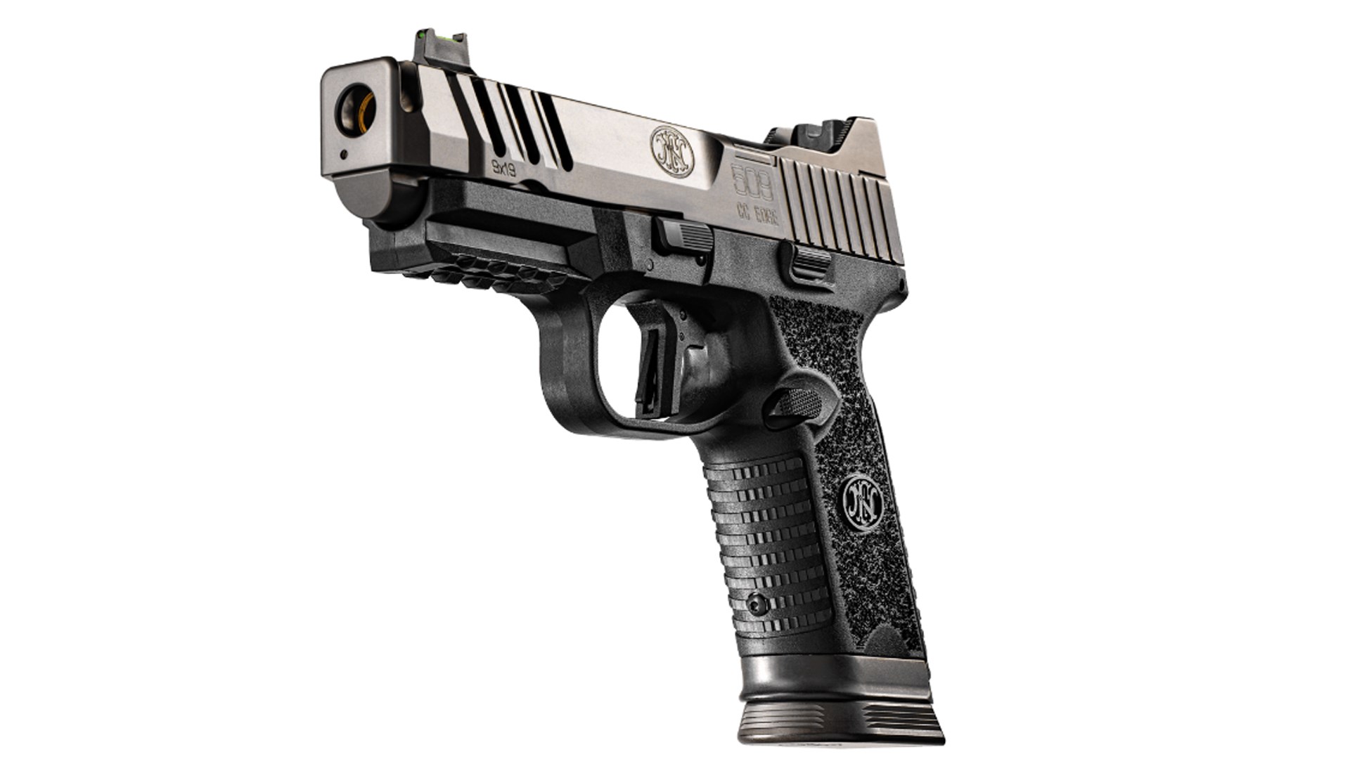 Angled front view of the FN 509 CC Edge XL handgun.