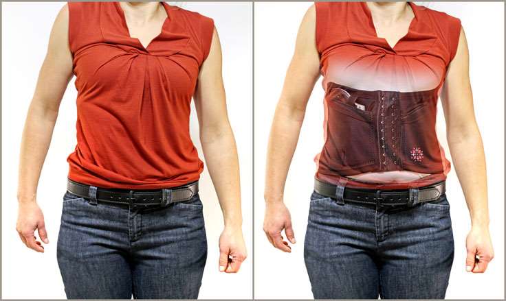 Woman in red top demonstrating a corset-style holster for pistol concealment.