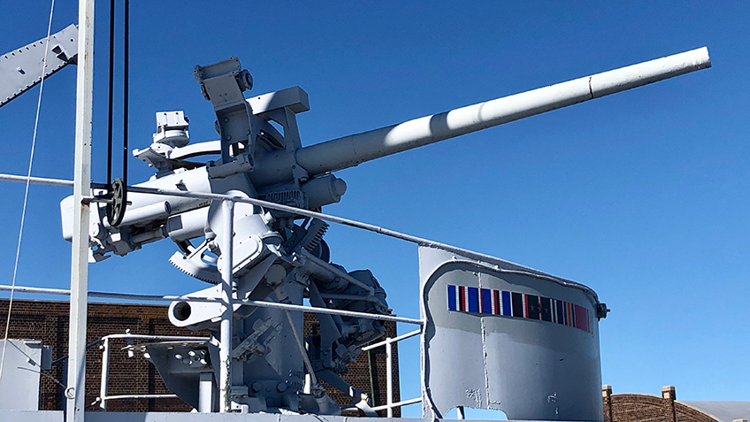 The 3&quot;/50 deck gun on the LST 393 today. This naval rifle was mostly used for air targets, though it could also engage surface targets as well.