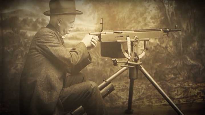 John Moses Browning with the M1895 &quot;Potato Digger&quot; machine gun.