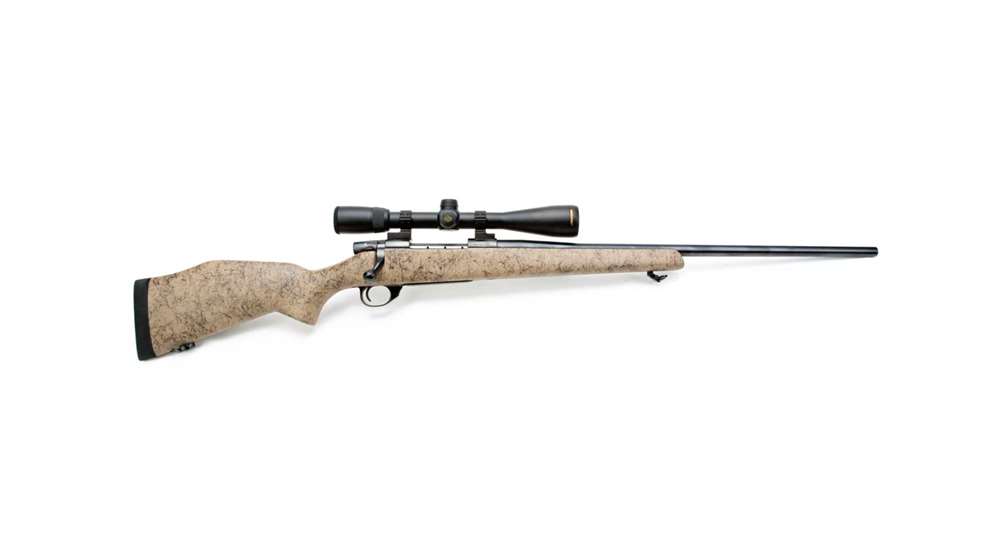Weatherby Vanguard bolt-action rifle brown tan gunstock black action barrel riflescope white background