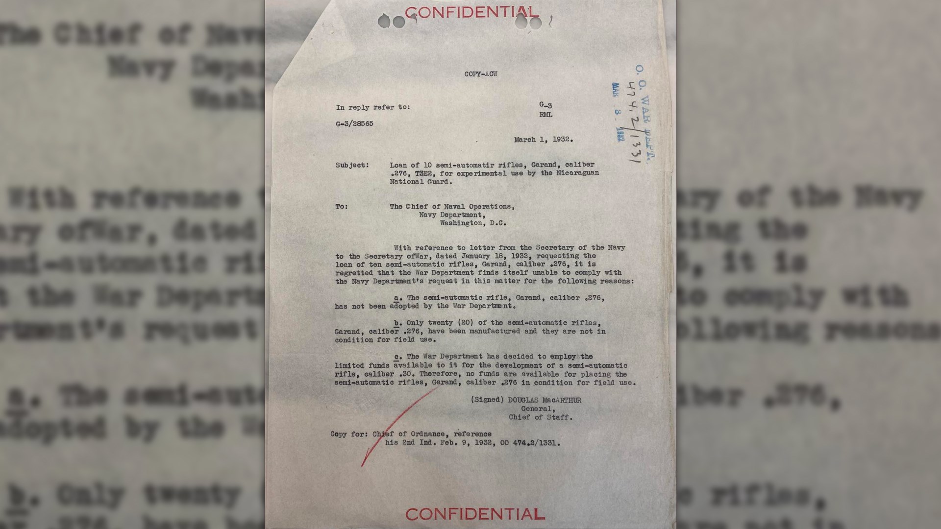 General Douglas MacArthur denies the Marine Corps field test of the Garand semi-automatic rifle (T3E2) in .276-cal. Photo courtesy of Archival Research Group.