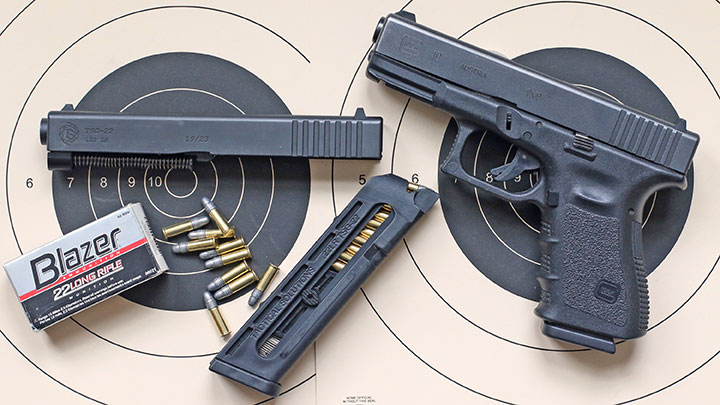 The Tactical Solutions TSG-22 Glock .22 LR conversion kit consists of a complete slide and barrel assembly and magazine.