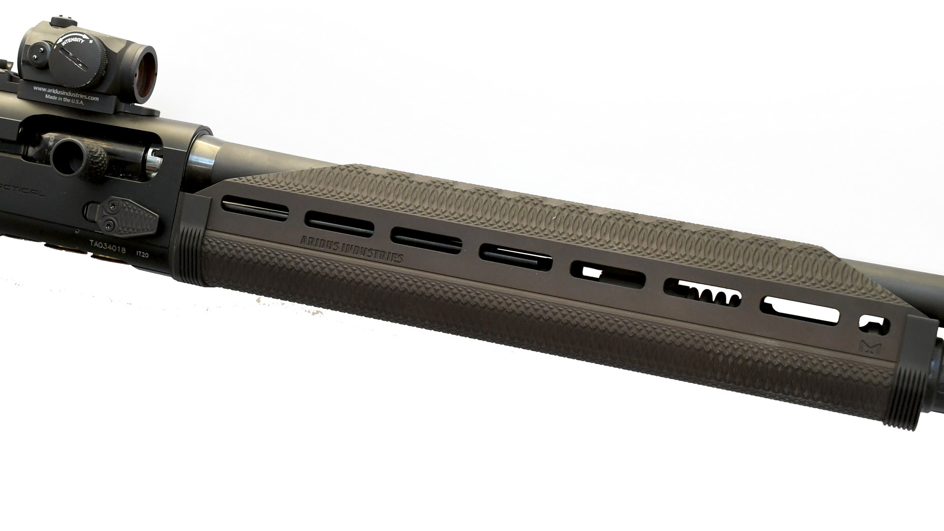 Aridus Industries Imperium handguard for Beretta 1301 shotgun shown attached on gun with red-dot aimpoint optic