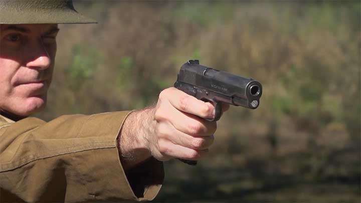 The M1911 semi-automatic .45 ACP pistol used by marines in World War I.