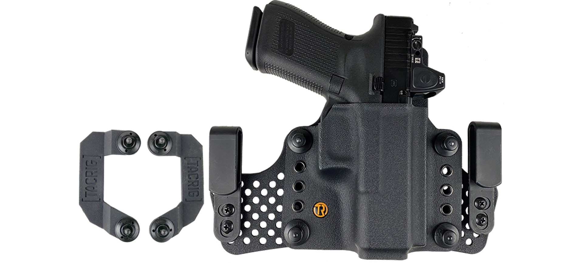 tacrig holster system on white background pistol optic