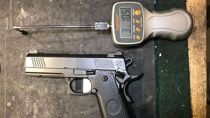 The Nighthawk Custom TRS Commander features solid-straight aluminum trigger. Pull weight was measured at just over 3 lbs. with Lyman digital gauge.