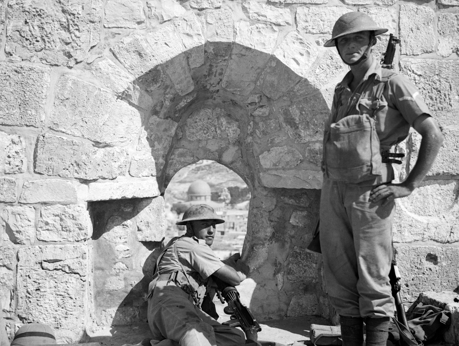 The ancient and the modern:  A Lewis gun position atop the citadel Tower of David in Jerusalem, near the Jaffa Gate entrance to the old city.  Library of Congress image