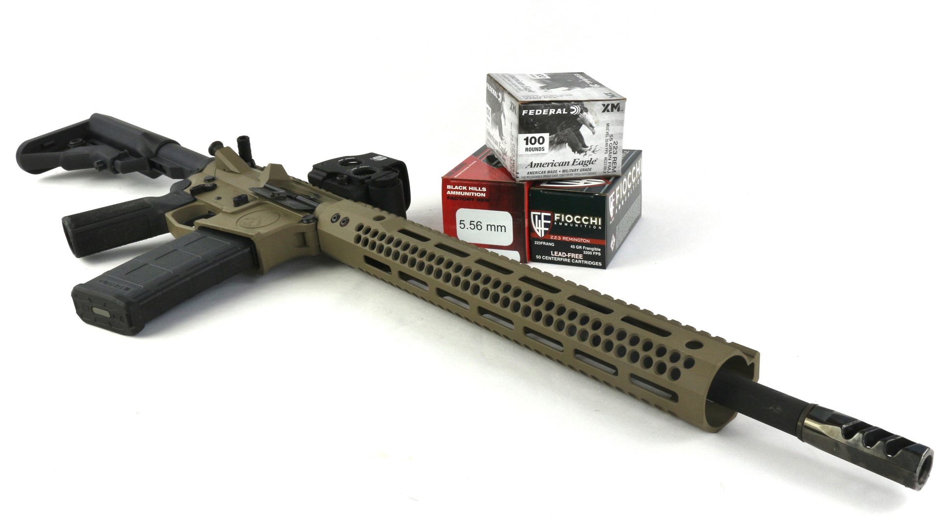 Watchtower Firearms Type 15 rifle flat dark earth right-side-up shown with ammunition boxes