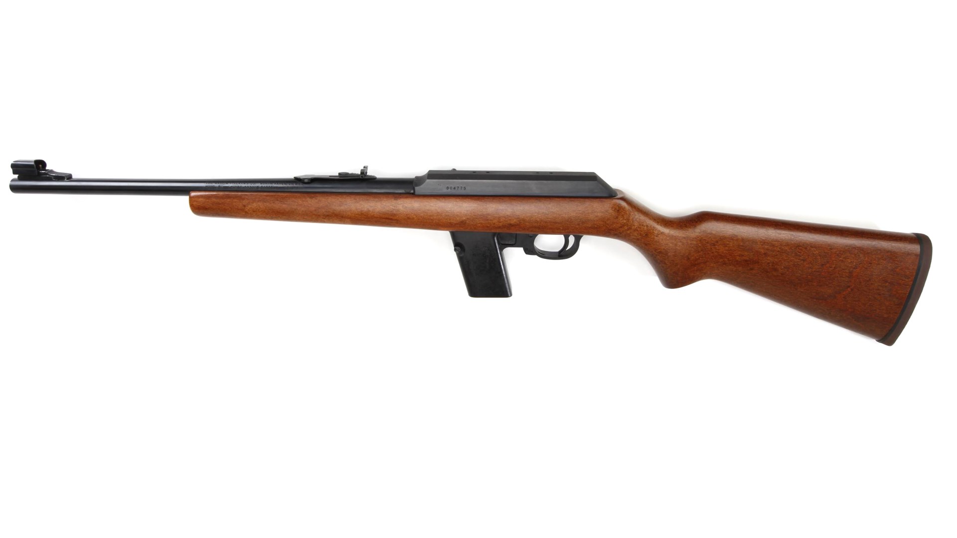 Marlin Model 9 Camp Carbine left-side view wood stock gun black metal barrel magazine well white background