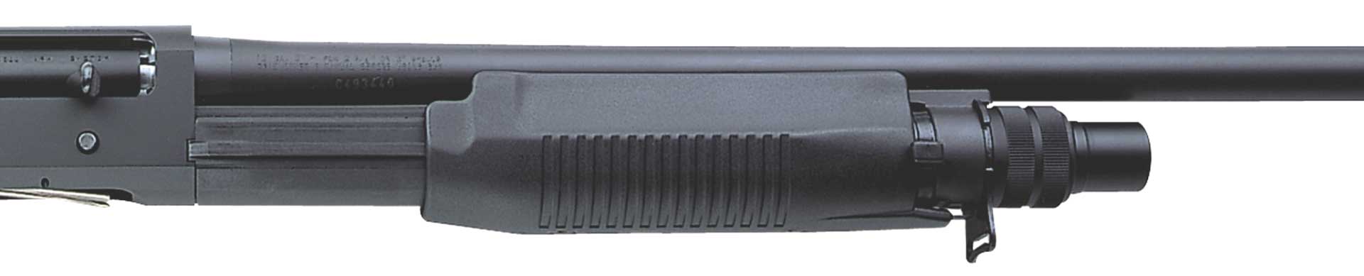 right side black shotgun plastic metal benelli gun fore-end parts closeup sling attachment barrel action receiver