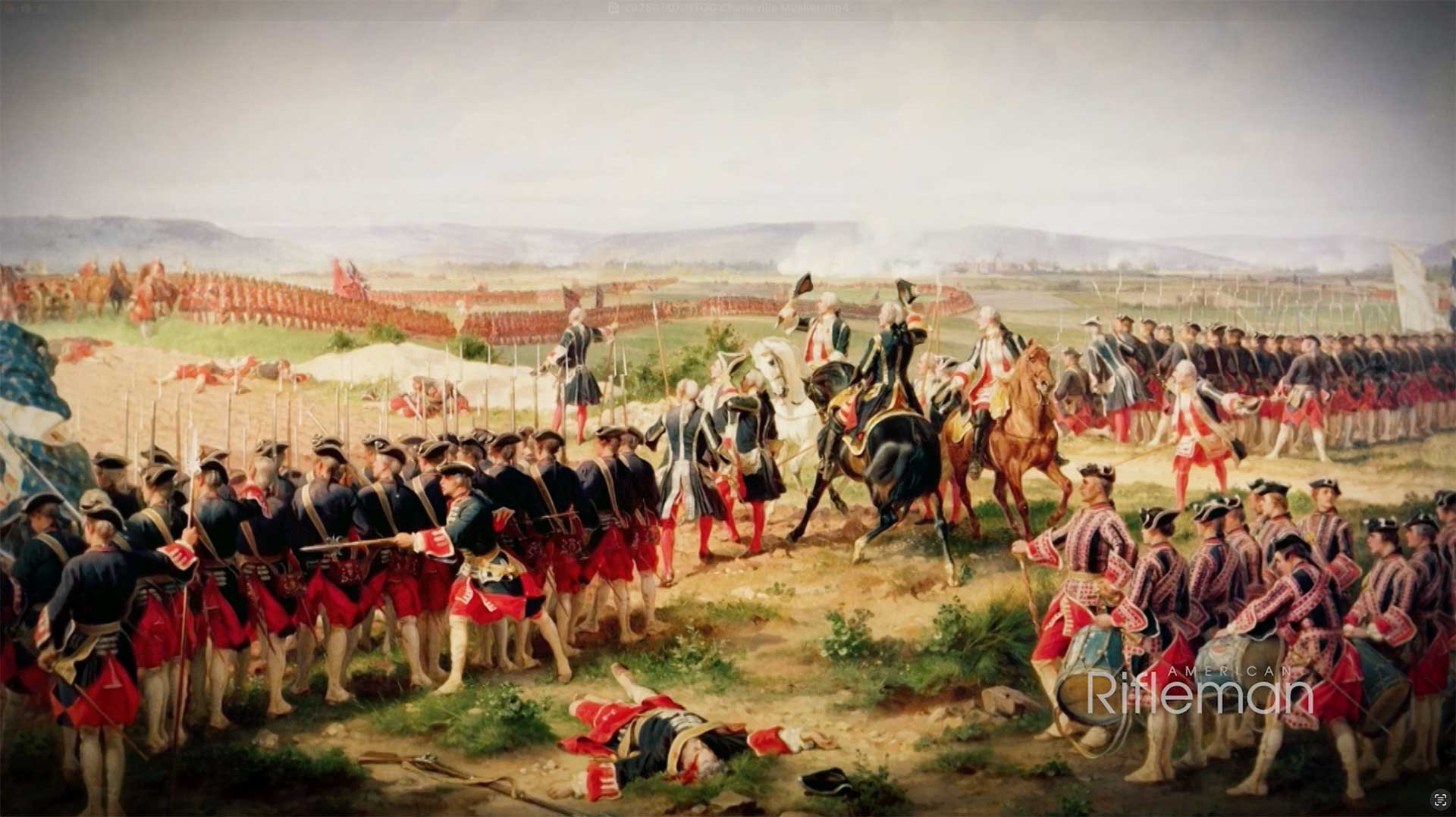 Painting of French soldiers in the 18th century, facing a line of British infantry.