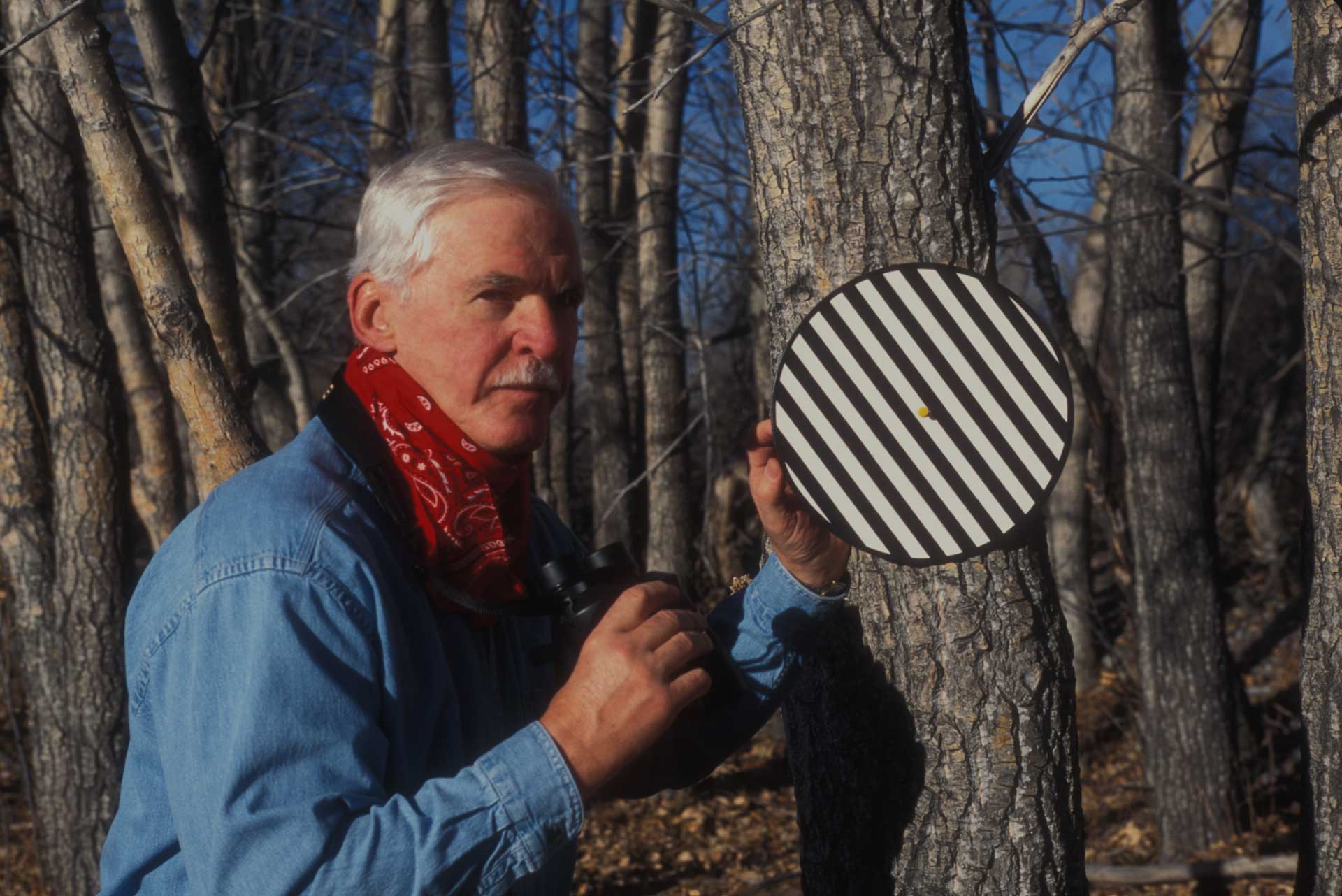 man outdoors trees sign optical test