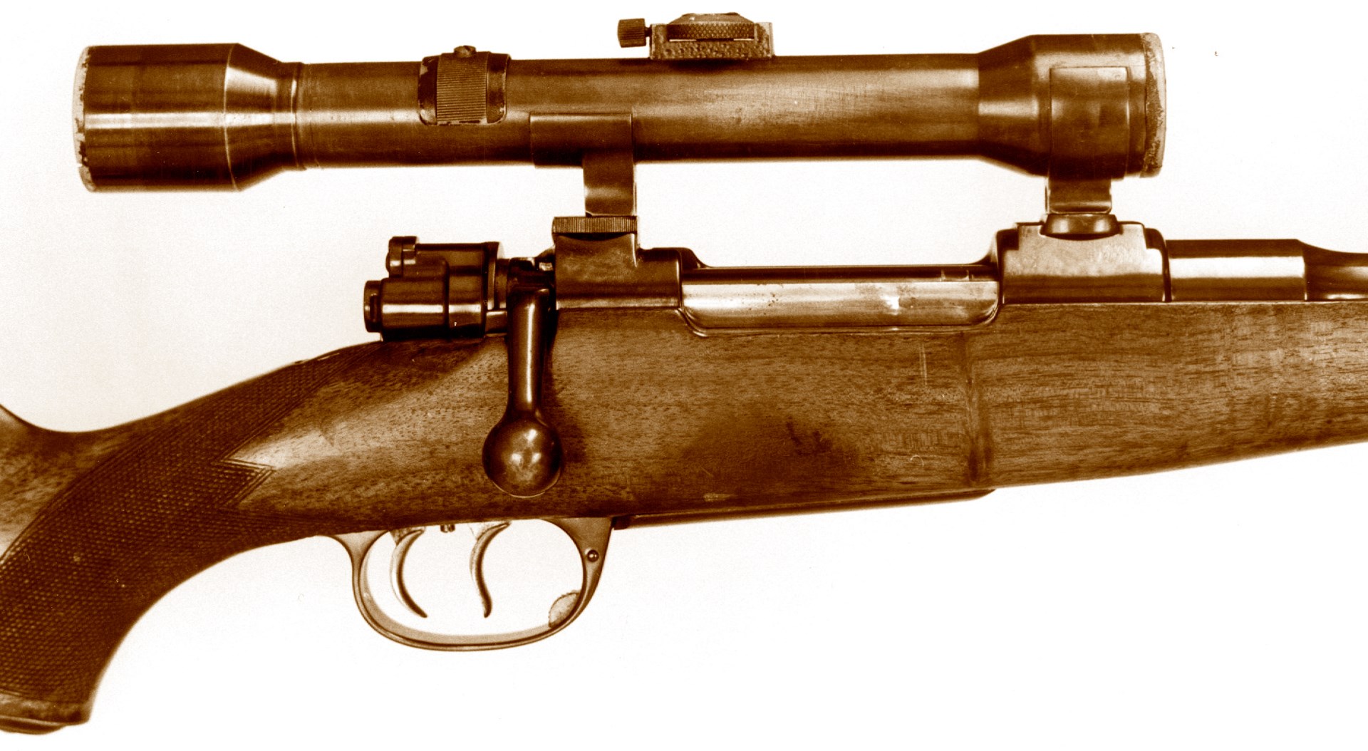 Right side of mauser type b with riflescope wood stock on white backgrond rifle midsection receiver