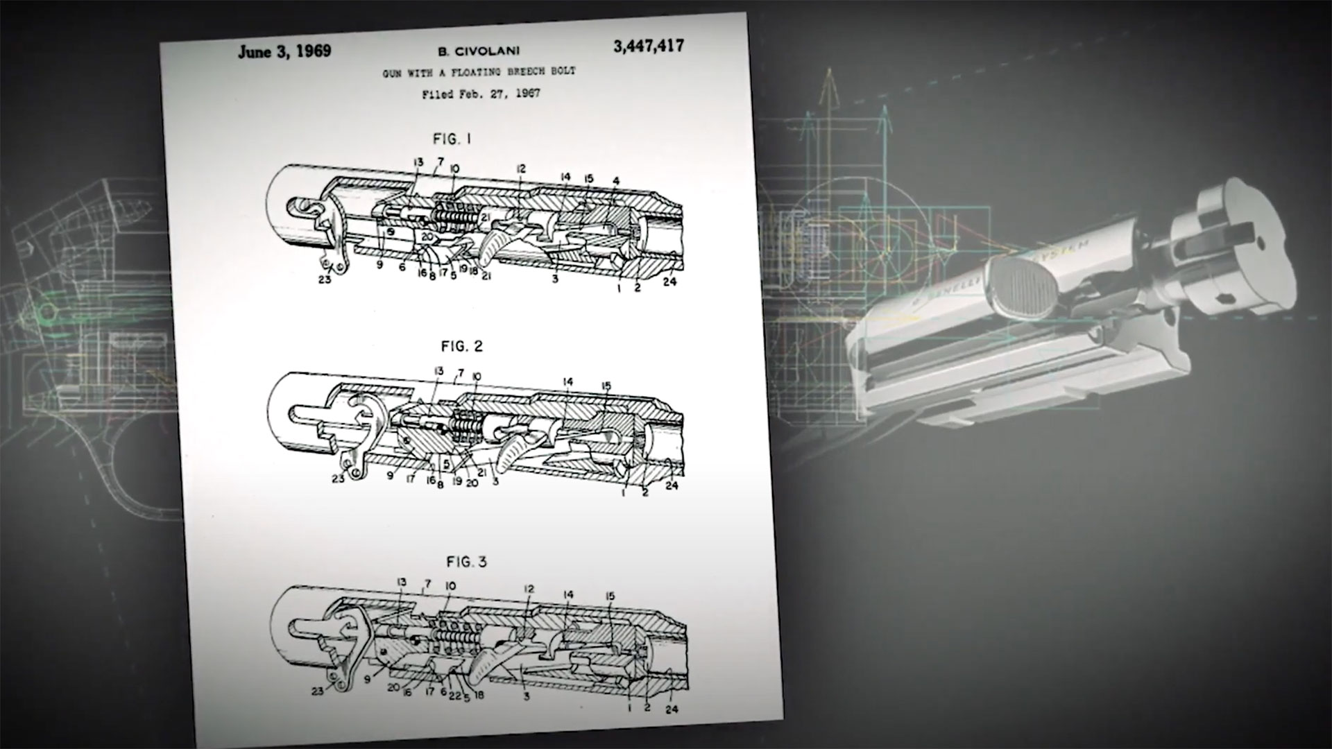 A diagram showing the inner workings of the inertia-driven action used by Benelli shotguns.