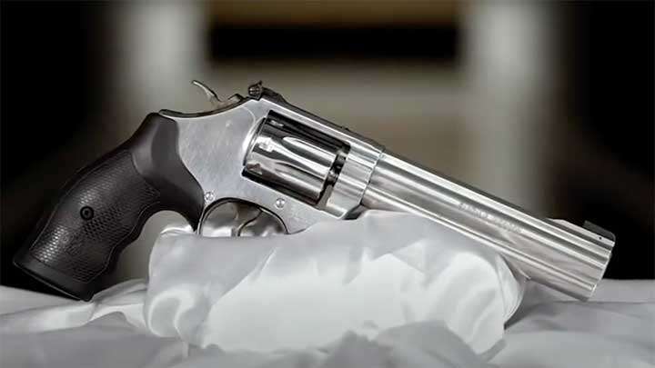 The Smith &amp; Wesson Model 648-2 K-frame target revolver chambered in .22 Win. Mag.