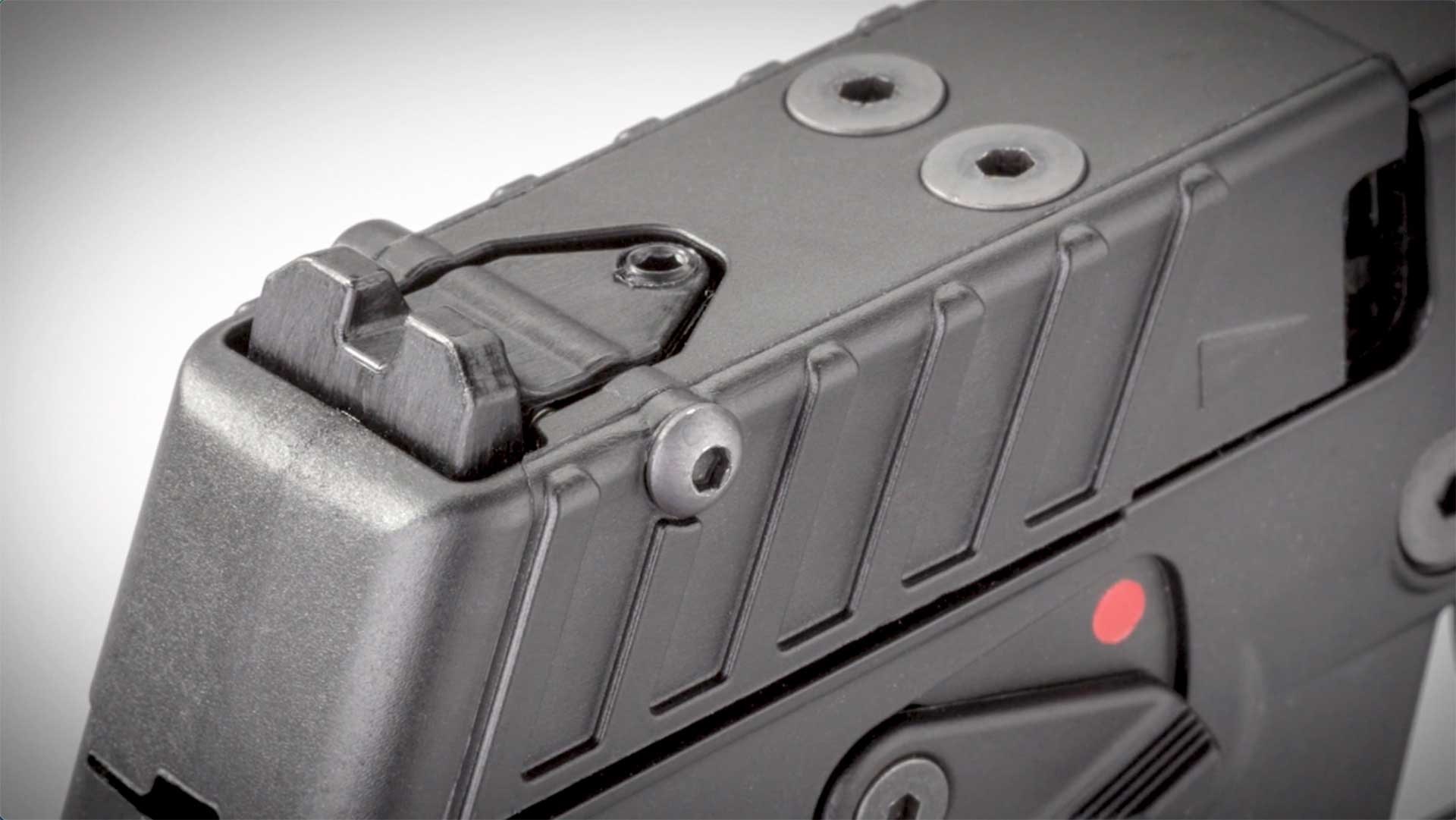 A close-up shot of the fully adjustable rear sight on the KelTec P17 pistol.
