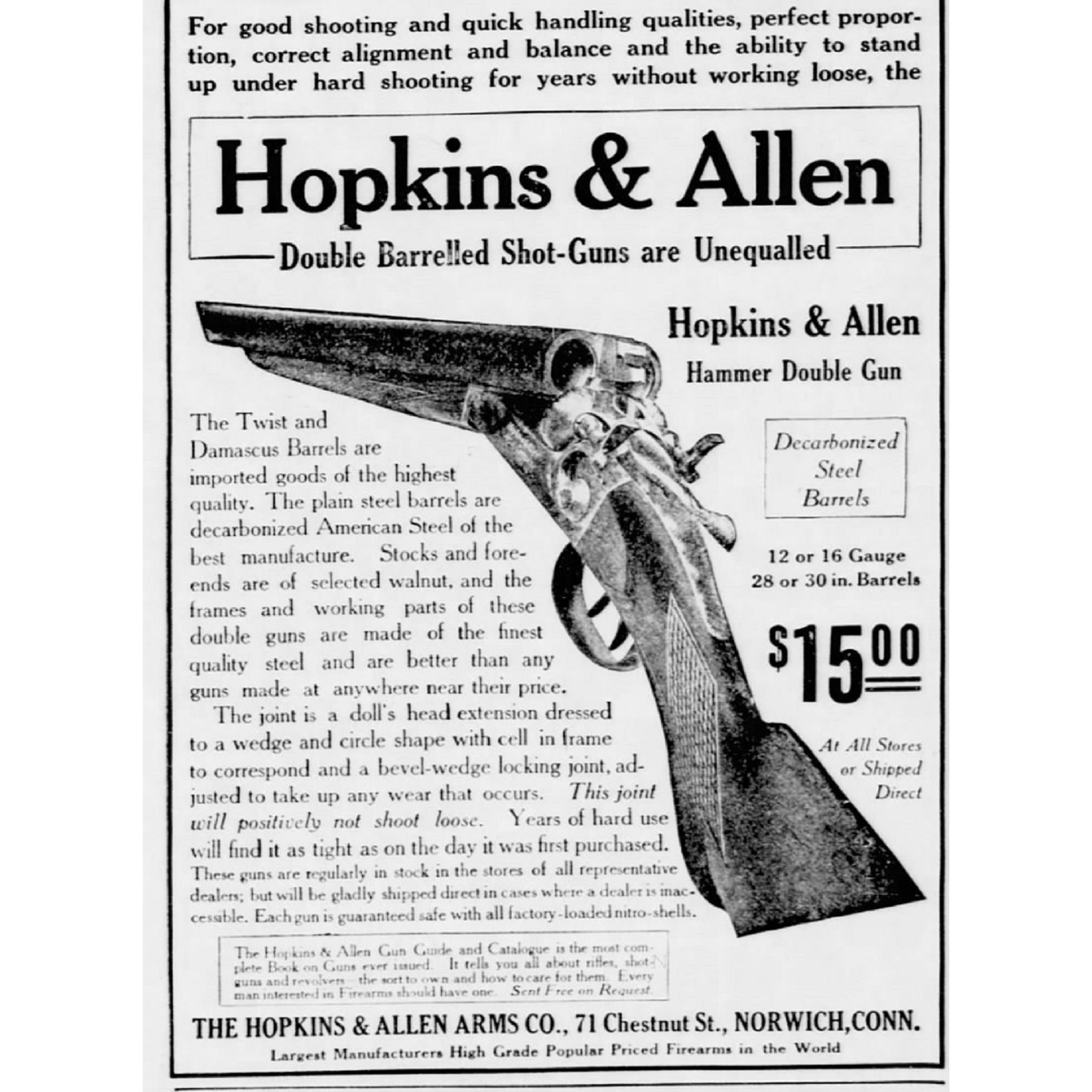 Hopkins & Allen advertisement 1907 New York Tribune double-barreled shotgun with text over image