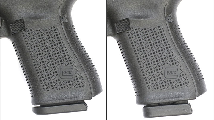 The ProMag Glock 44 magazine (right) is slightly longer than the factory Glock 44 magazine (left) and protrudes slightly below the grip.