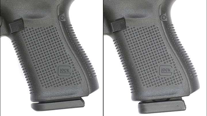 The ProMag Glock 44 magazine (right) is slightly longer than the factory Glock 44 magazine (left) and protrudes slightly below the grip.