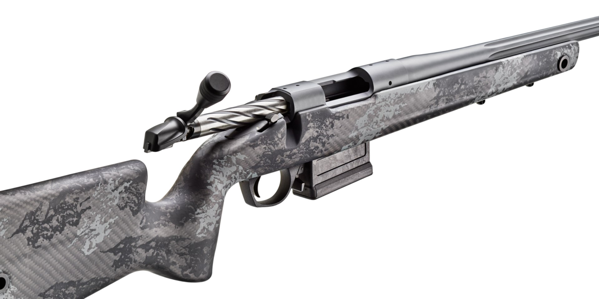 Bergara B-14 Squared Crest bolt-action rifle dynamic angle bolt withdrawn metal carbon fiber camo gun