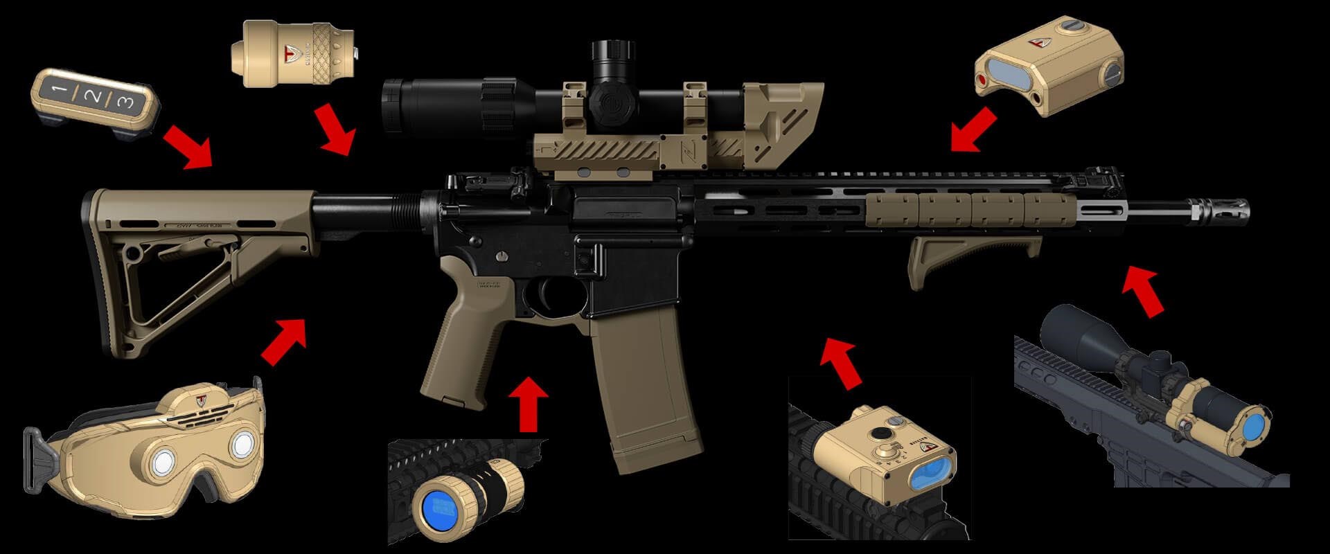 A Magpul-equipped AR-15 surrounded by planned components of the final X4 System.