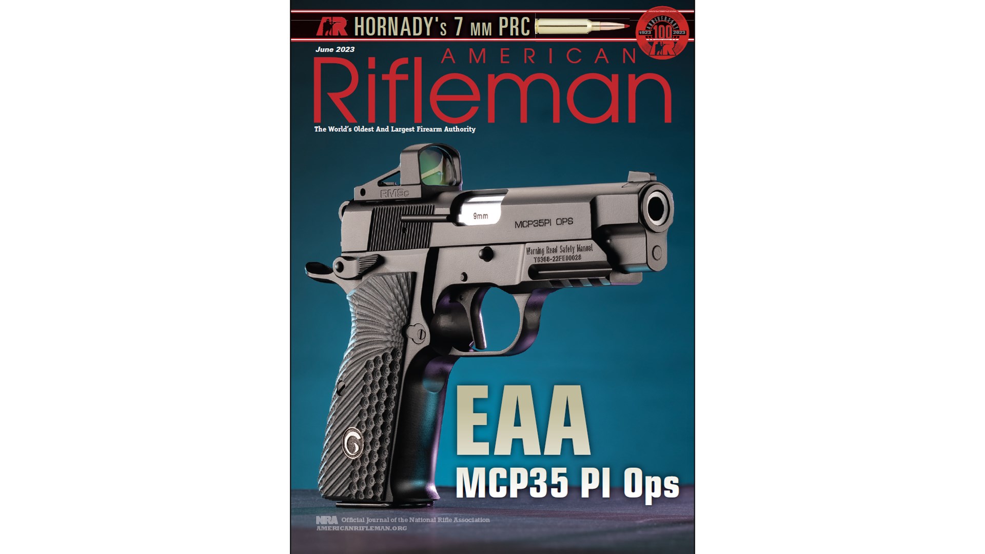 American Rifleman magazine cover June 2023 featuring EAA MCP35 PI Ops optic-ready high power handgun