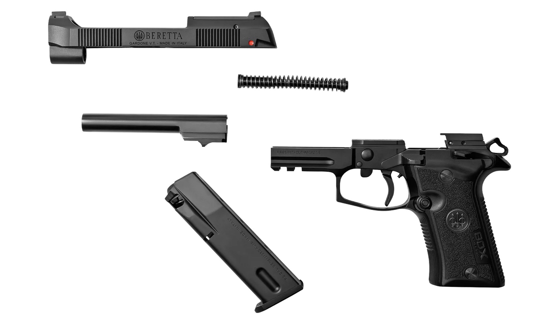 Beretta 80X Cheetah pistol left-side view parts disassembled gun slide barrel spring magazine frame shown on white background