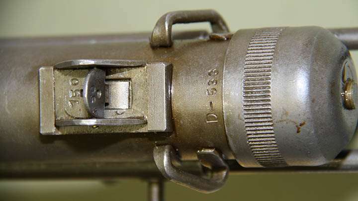 The rear receiver tube of SOLA Super submachine gun serial number D-533 showing the gun’s flip adjustable rear sight assembly. D-533 is part of the collection of The National Museum of Military History (Musée Nationale d’Histoire Militaire) in the city of Diekirch, Luxembourg. Photograph by the author - December 6, 2014.