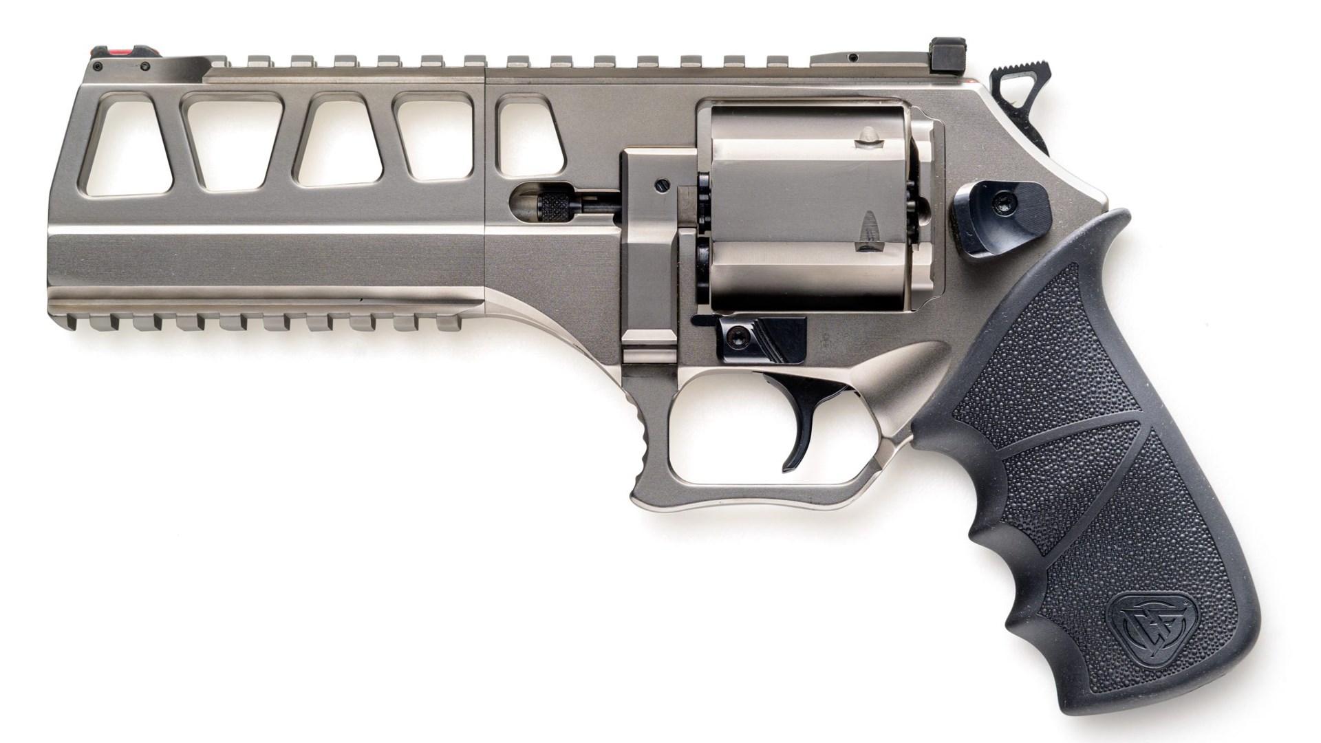 Left side of a silver-finished Chiappa Rhino 60DS revolver.