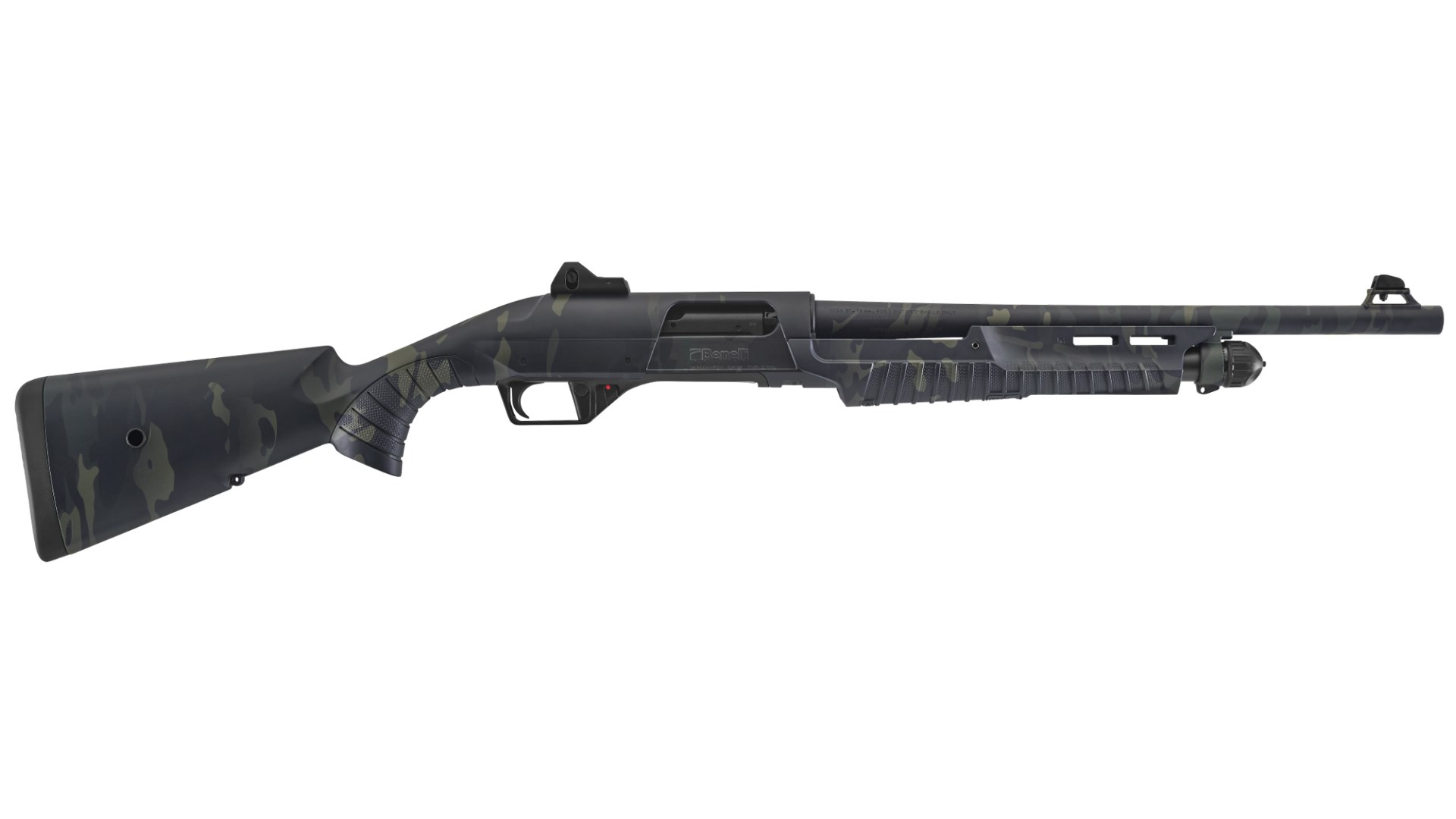 Benelli Nova 3 Tactical pump-action shotgun right-side view shown with camouflage stock iron sights on white background