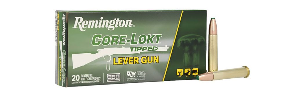 Remingotn Core-Lokt Tipped Lever Gun ammunition box shown with brass cartridges on right side of green box